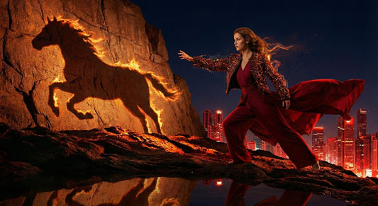 ALT TAG:Cinematic portrait of a woman embodying the spirit of the Fire Horse. Where modern style meets ancient destiny and spiritual glowing - MINDNESS.