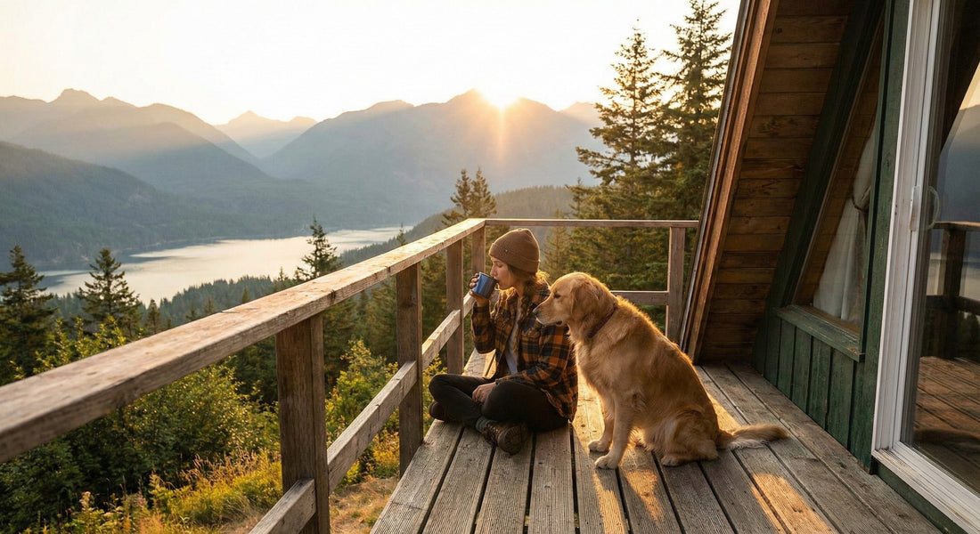 Woman and her golden retriever dog sitting on a cabin deck at sunrise over a mountain lake. Enjoying a peaceful moment of mindfulness and nature connection - MINDNESS.