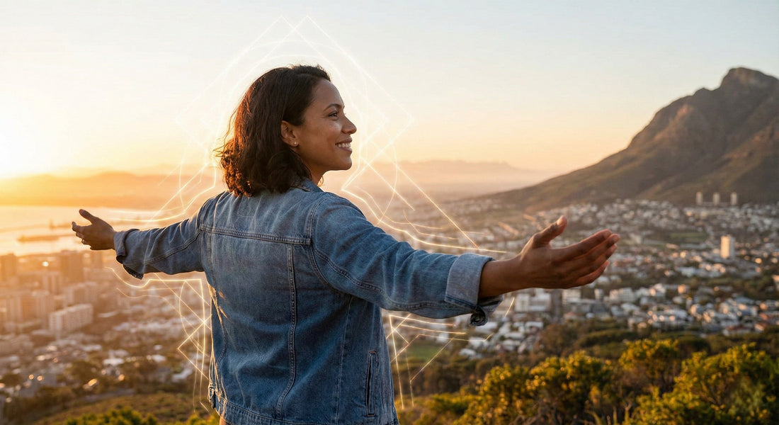 A smiling woman with open arms overlooking a city at sunset, surrounded by a faint glowing geometric aura. Visualizing the freedom of releasing heavy burdens, emotional expansion, and embracing life with an open heart - MINDNESS.