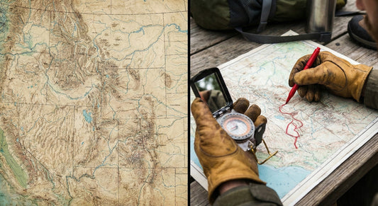 Gloved hands using a compass and red pen to carefully mark a route on a detailed topographic map. Visualizing strategic navigation, finding purpose, and charting a clear path forward through life's complex terrain - MINDNESS.