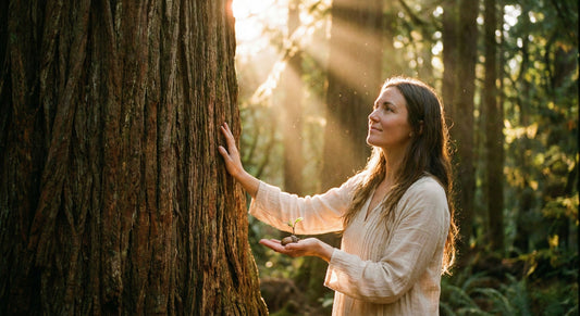 A woman gently touching a massive redwood tree while holding a sprouting acorn in a sunlit forest. Visualizing the connection between deep roots and new growth, the enduring strength of the 'Heavy Bone' archetype, and the promise of potential - MINDNESS.