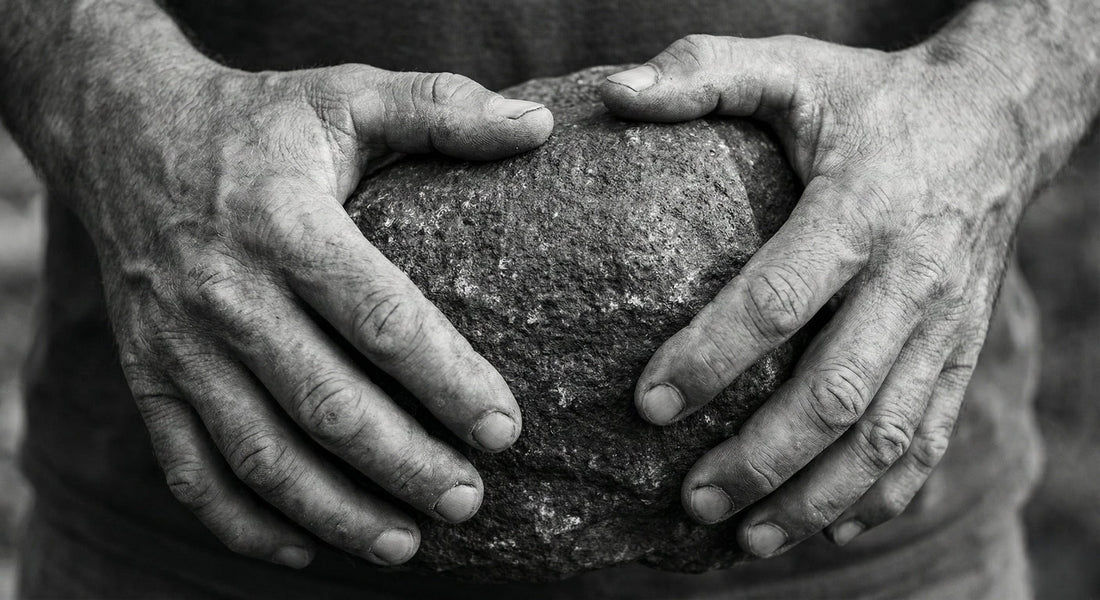 Weathered hands firmly clasping a heavy, rough stone. Visualizing the 'Heavy Bone' archetype, the weight of responsibility, and the strength of resilience - MINDNESS.