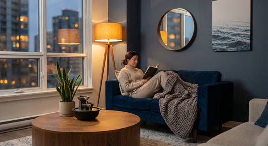 Woman reading peacefully on a sofa next to a Feng Shui water fountain and snake plant. Creating a harmonious home environment for spiritual wellness - MINDNESS.