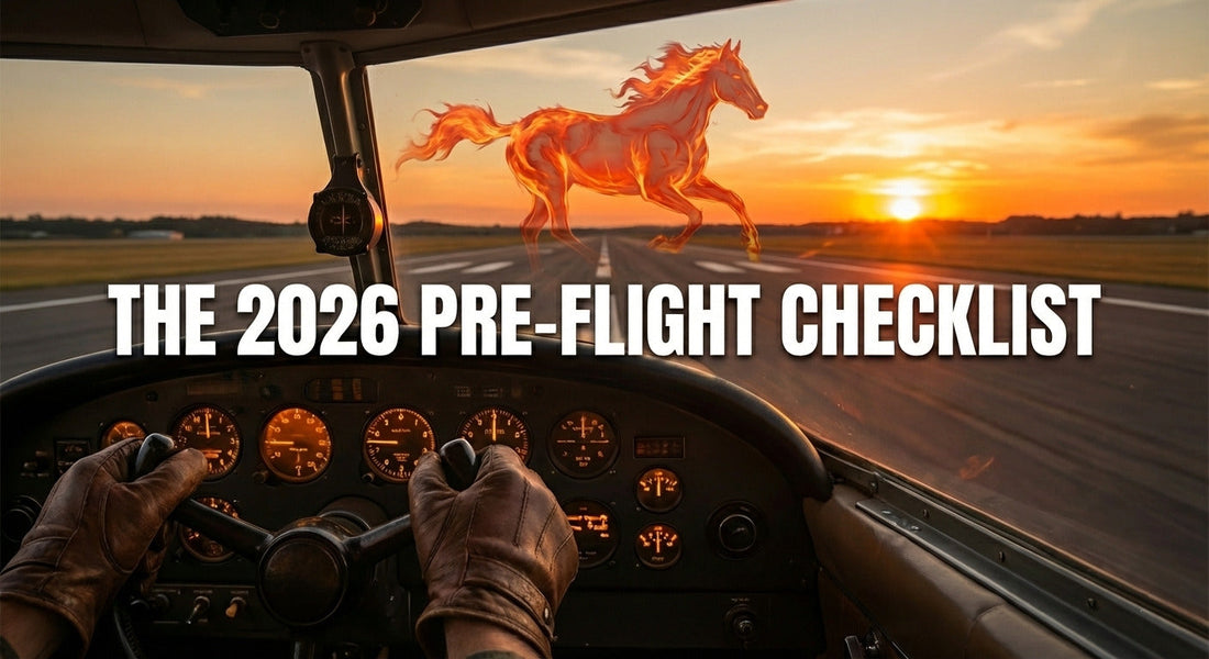 Cockpit view with text 'The 2026 Pre-Flight Checklist' and a fire horse spirit ahead. Essential preparation guide for the 2026 Year of the Fire Horse - MINDNESS.
