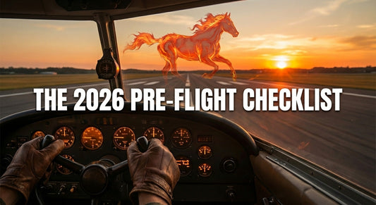Cockpit view with text 'The 2026 Pre-Flight Checklist' and a fire horse spirit ahead. Essential preparation guide for the 2026 Year of the Fire Horse - MINDNESS.